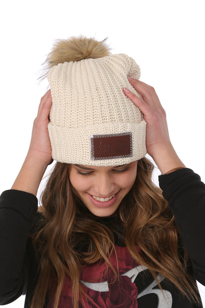 Love Your Melon White Beanie Hat with Natural Pom